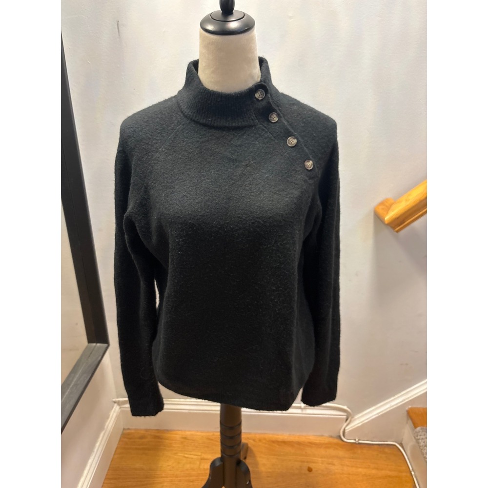 j.crew‎  Mock Neck Button Shoulder Sweater Women Medium Black Excellent Knit